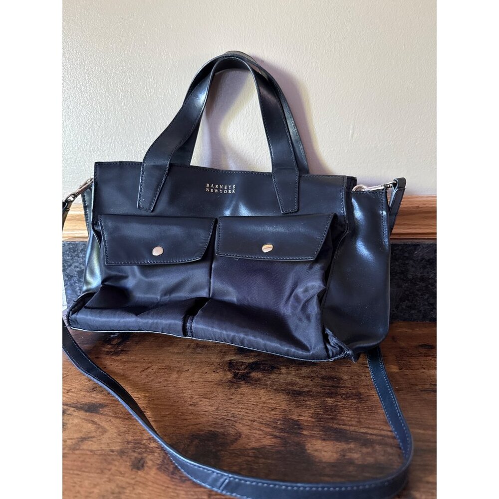 Barneys New York Black Leather & Nylon Tote Bag Dual Handles & Crossbody Strap